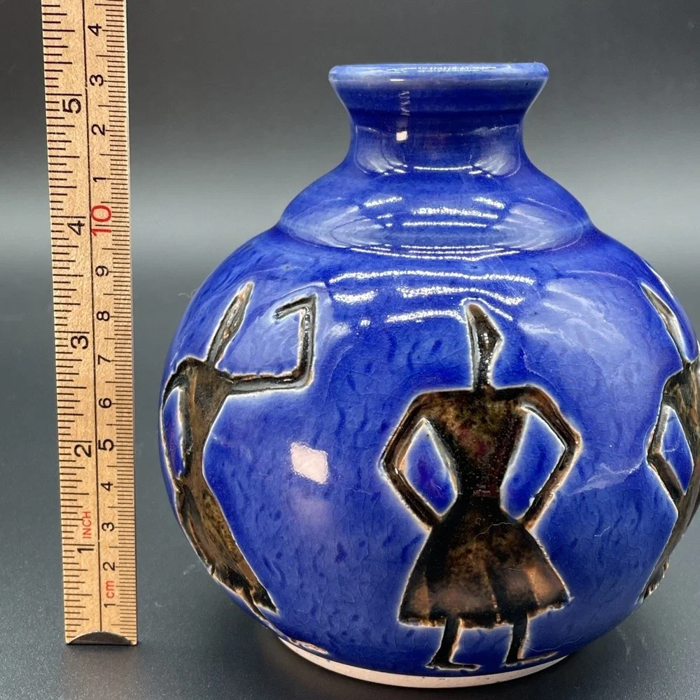 Studio Art Pottery Signed EVE Blue Glaze Vase Figure Imprints In Black Glaze